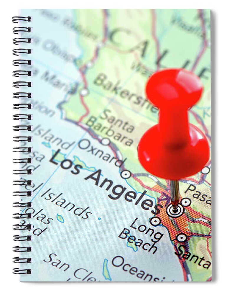 Focus Spiral Notebook featuring the photograph Red Pin Pointed On The Los Angeles Map by Yorkfoto