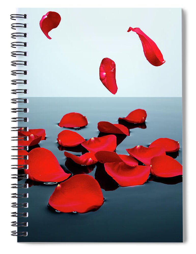 Tranquility Spiral Notebook featuring the photograph Red Rose Petals Falling Into A Pool Of by Chris Stein