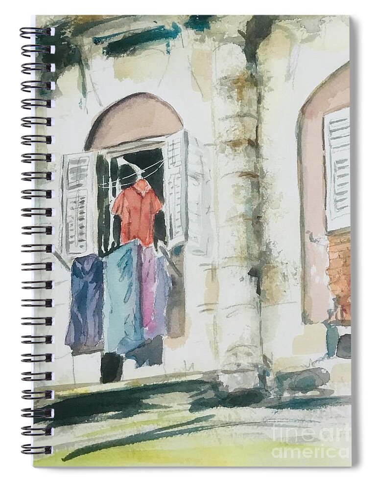 Laundry Spiral Notebook featuring the painting Red shirt on the Laundry line by Sonia Mocnik