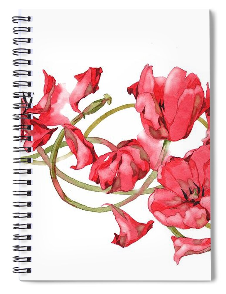 Russian Artists New Wave Spiral Notebook featuring the painting Red Tulips Vignette by Ina Petrashkevich