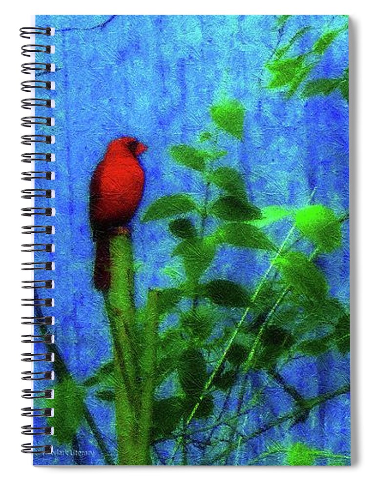 Earth Day Spiral Notebook featuring the photograph Redbird Enjoying the Clarity of a Blue and Green Moment by Aberjhani
