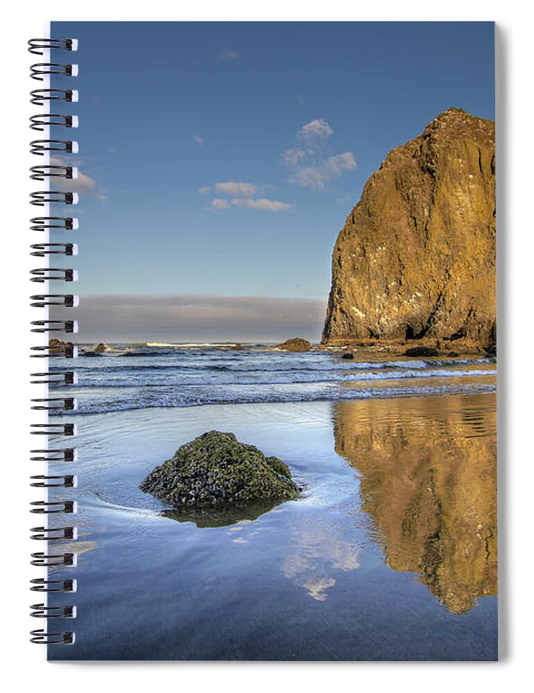 Tranquility Spiral Notebook featuring the photograph Reflection Of Haystack Rock At Cannon by David Gn Photography