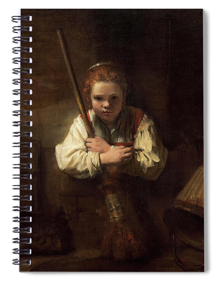 Oil On Canvas Spiral Notebook featuring the painting Rembrandt Workshop -Possibly Carel Fabritius- A Girl with a Broom. by Rembrandt Workshop -Possibly Carel Fabritius-