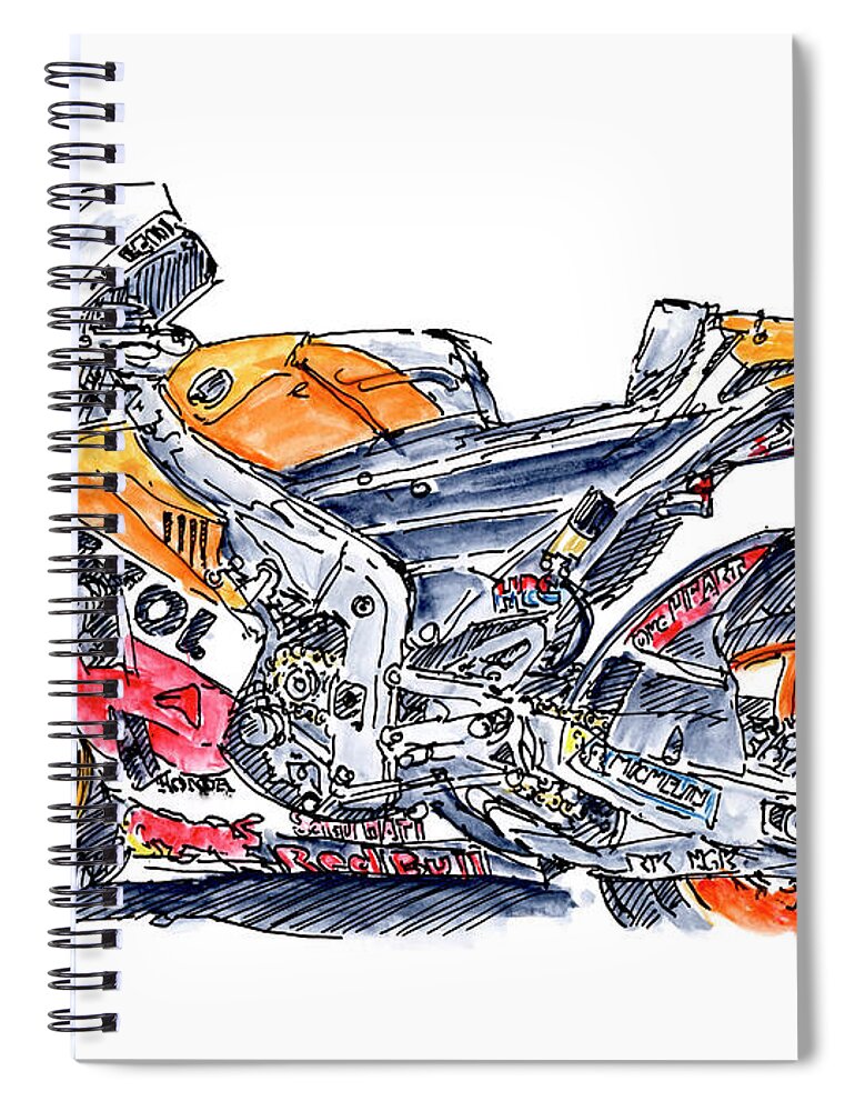 Motorbike Spiral Notebook featuring the drawing Repsol Honda RC213V Moto GP 2017 Motorcycle Ink Drawing and Wate by Frank Ramspott