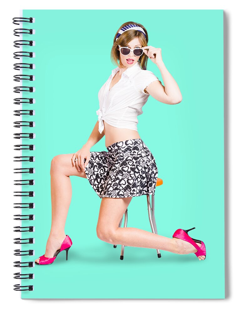 Retro Spiral Notebook featuring the photograph Retro brunette pin up girl in sixties fashion by Jorgo Photography