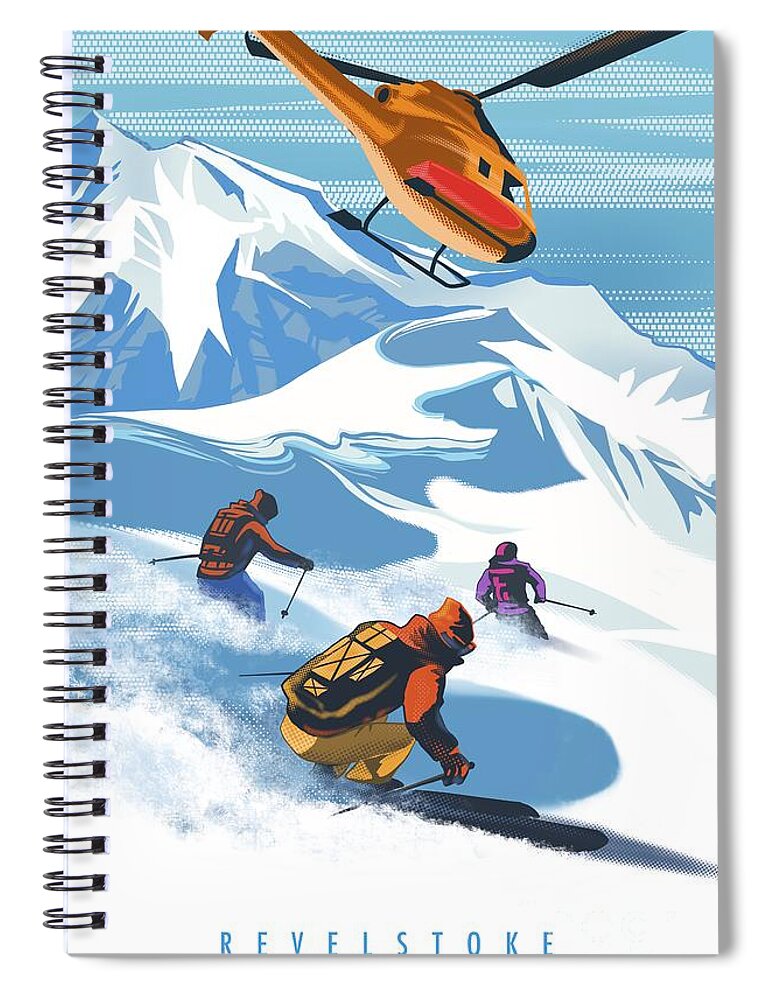 Travel Poster Spiral Notebook featuring the painting Retro Revelstoke Heliski Travel Poster by Sassan Filsoof