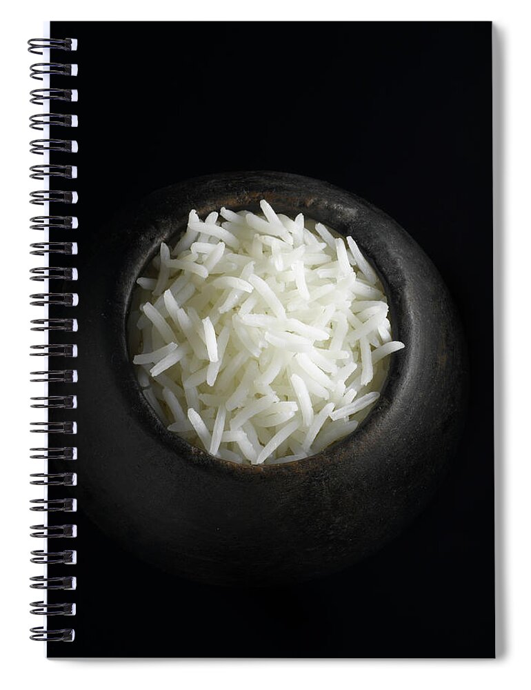 Black Background Spiral Notebook featuring the photograph Rice In A Wooden Bowl, From Above by Howard Bjornson