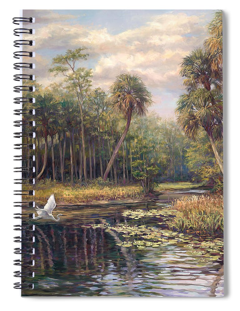 Romantic Landscape Spiral Notebook featuring the painting River Bend park Swan II by Laurie Snow Hein