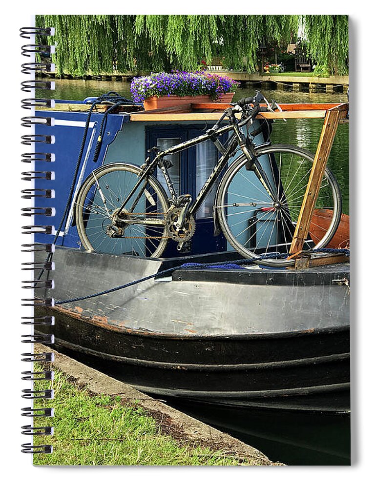 Boat Spiral Notebook featuring the photograph River Boat And Bicycle by Gill Billington