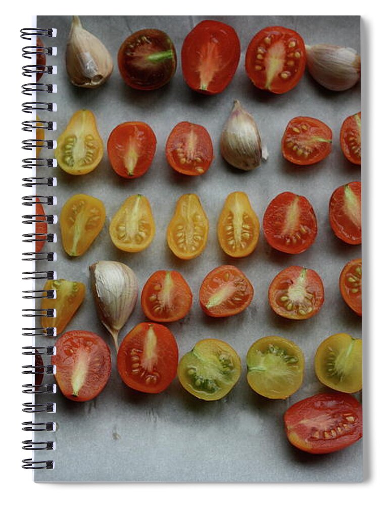 In A Row Spiral Notebook featuring the photograph Roasted Tomatoes by Ingrid Deon