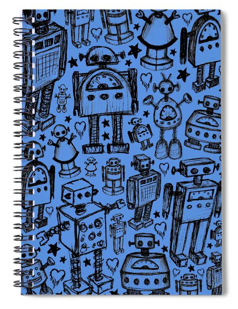 Robot Spiral Notebook featuring the drawing Robot Crowd Graphic by Roseanne Jones