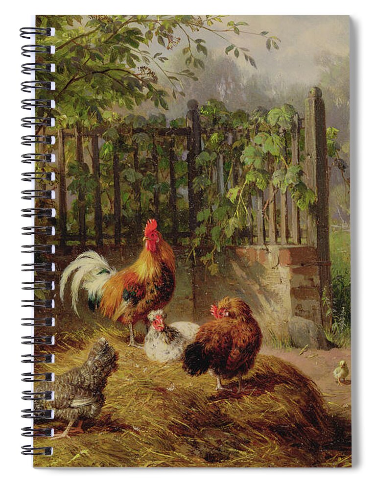 Rooster With Hens And Chicks Spiral Notebook featuring the painting Rooster with Hens and Chicks by Carl Jutz