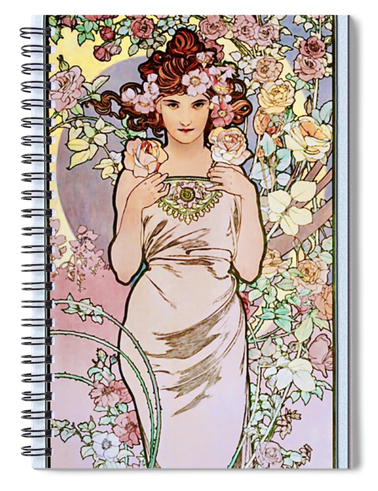 Rose Spiral Notebook featuring the painting Rose by Alphonse Mucha by Xzendor7