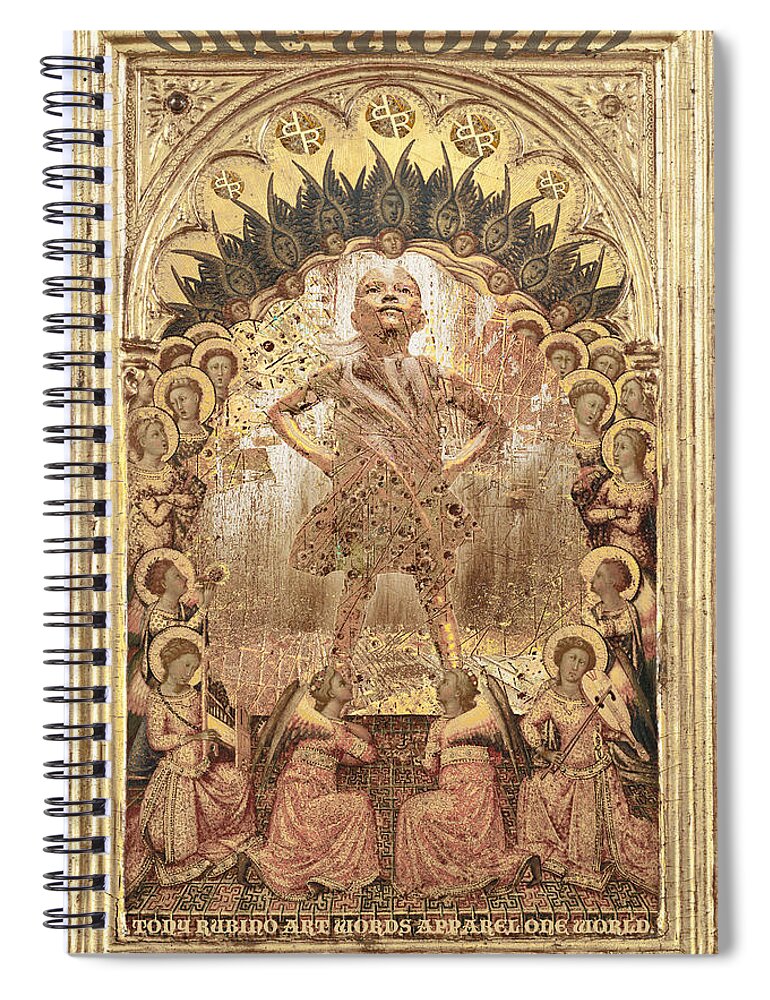 Sign Spiral Notebook featuring the painting Rubino One World No Fear Gold by Tony Rubino