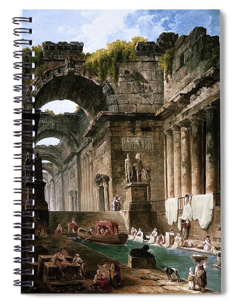 Ruins Of A Roman Bath With Washerwomen Spiral Notebook featuring the painting Ruins Of A Roman Bath With Washerwomen by Hubert Robert by Xzendor7