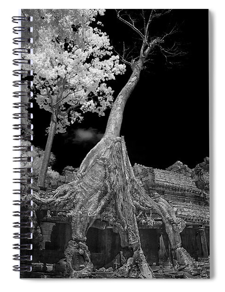 Ancient Spiral Notebook featuring the photograph Ruins of Preak Khan in Cambodia in black and white infrared by Karen Foley