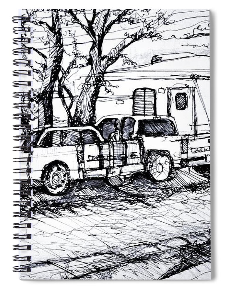 Rv Spiral Notebook featuring the painting RV Park and Trucks by Linda Shackelford
