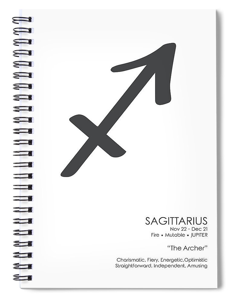Sagittarius Spiral Notebook featuring the mixed media Sagittarius Print - Zodiac Signs Print - Zodiac Posters - Sagittarius Poster - Black and White by Studio Grafiikka