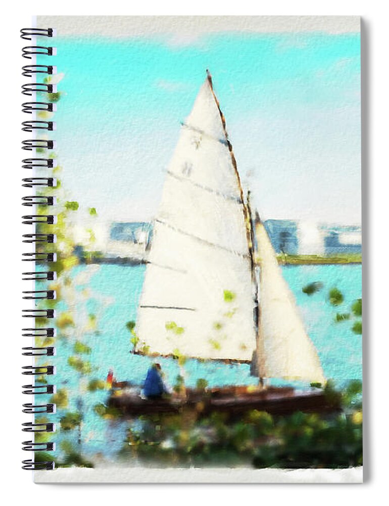 Sailboat On The River Watercolor By Marina Usmanskaya Spiral Notebook featuring the mixed media Sailboat on the river watercolor by Marina Usmanskaya