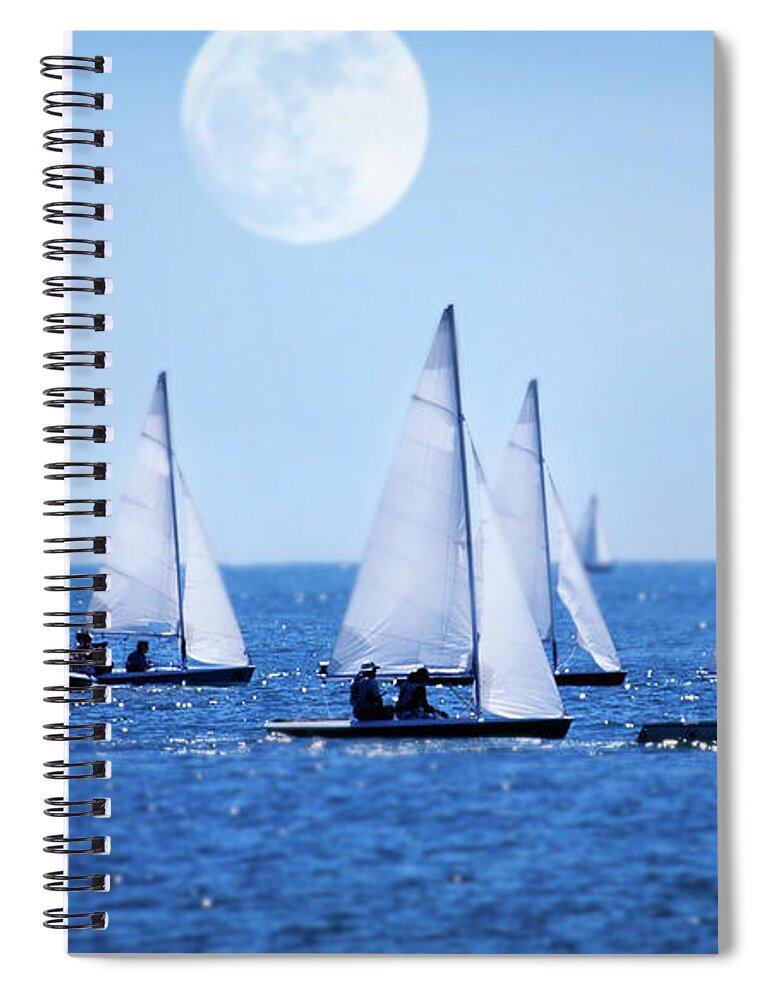 Scenics Spiral Notebook featuring the photograph Sailboat Race With Moonrise, Cape Cod by Grant Faint
