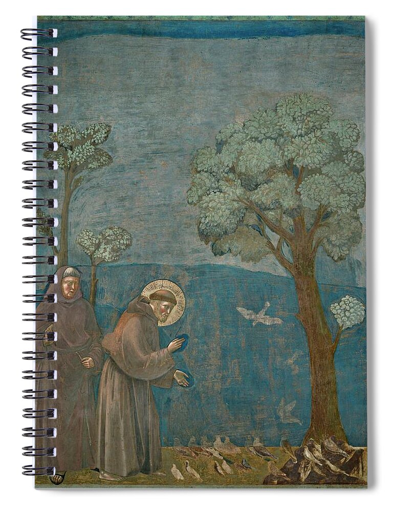 Francis Of Assisi Spiral Notebook featuring the painting Saint Francis of Assisi preaching to the birds. Giotto. by Giotto di Bondone -1266-1337-