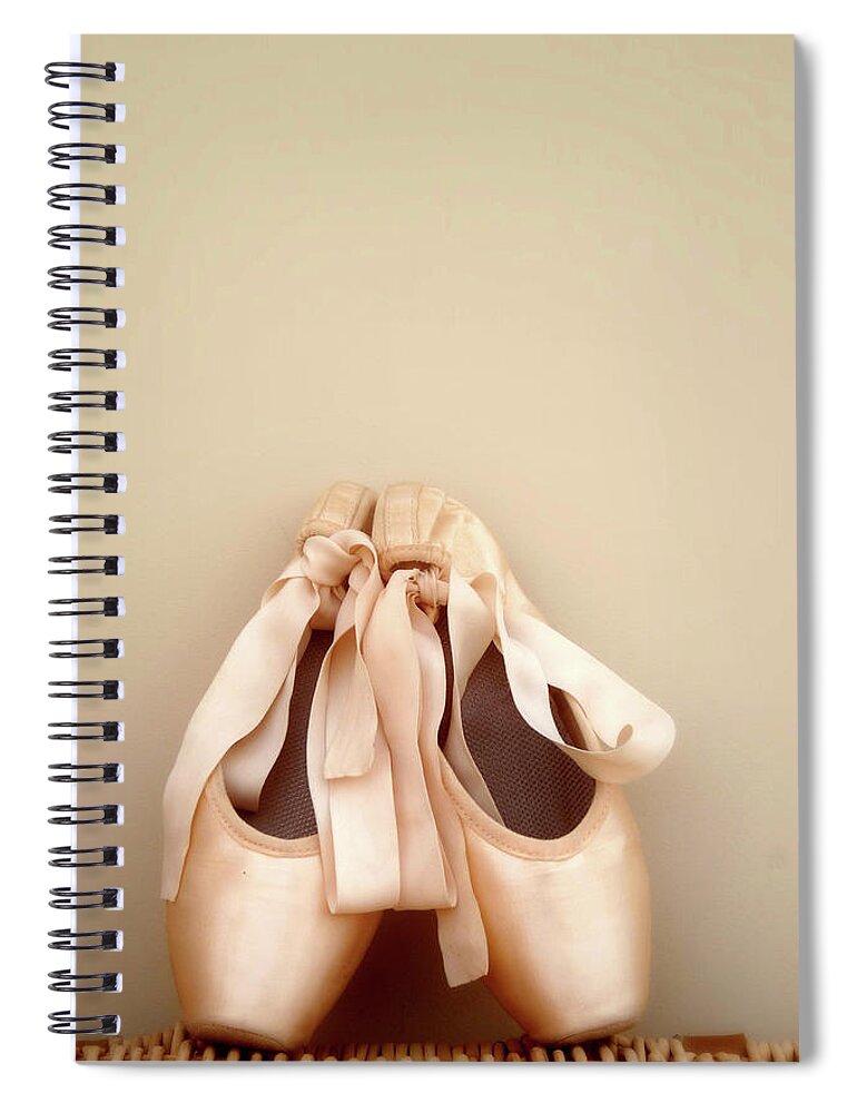 Two Objects Spiral Notebook featuring the photograph Salmon Pink Ballet Shoes by Jayneburfordphotography
