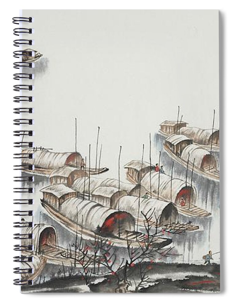 Chinese Watercolor Spiral Notebook featuring the painting Sampan Harbor by Jenny Sanders