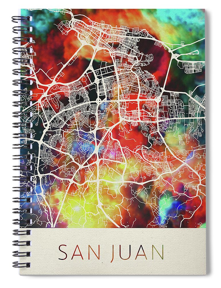 San Juan Spiral Notebook featuring the mixed media San Juan Puerto Rico Watercolor City Street Map by Design Turnpike