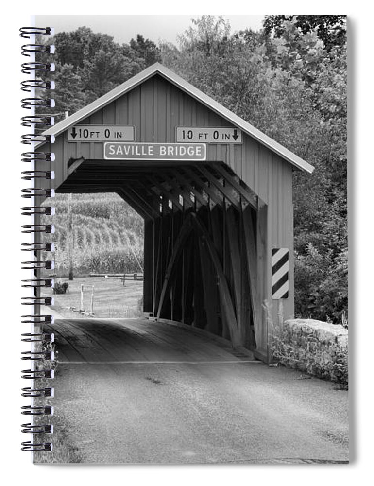 Saville Covered Bridge Spiral Notebook featuring the photograph Saville Covered Bridge Lush Landscape Black And White by Adam Jewell