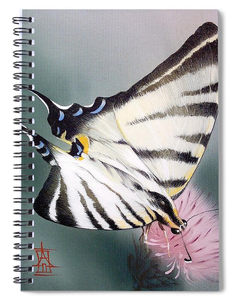 Russian Artists New Wave Spiral Notebook featuring the painting Scarce Swallowtail on Pink Meadow Flower by Alina Oseeva