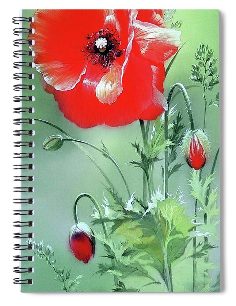 Russian Artists New Wave Spiral Notebook featuring the painting Scarlet Poppy Flower by Alina Oseeva