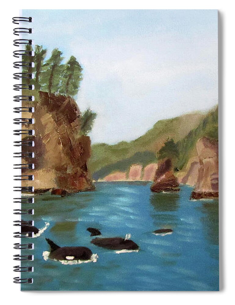 Alaska Spiral Notebook featuring the painting Sea Stacks and Orcas by Linda Feinberg