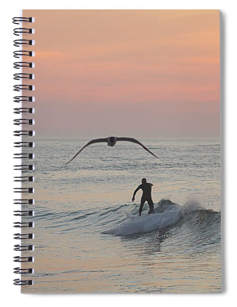 Seagull Spiral Notebook featuring the photograph Seagull and a Surfer by Robert Banach