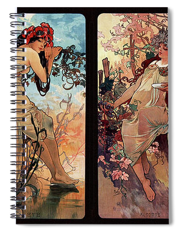 Seasons Spiral Notebook featuring the painting Seasons by Alphonse Mucha by Rolando Burbon