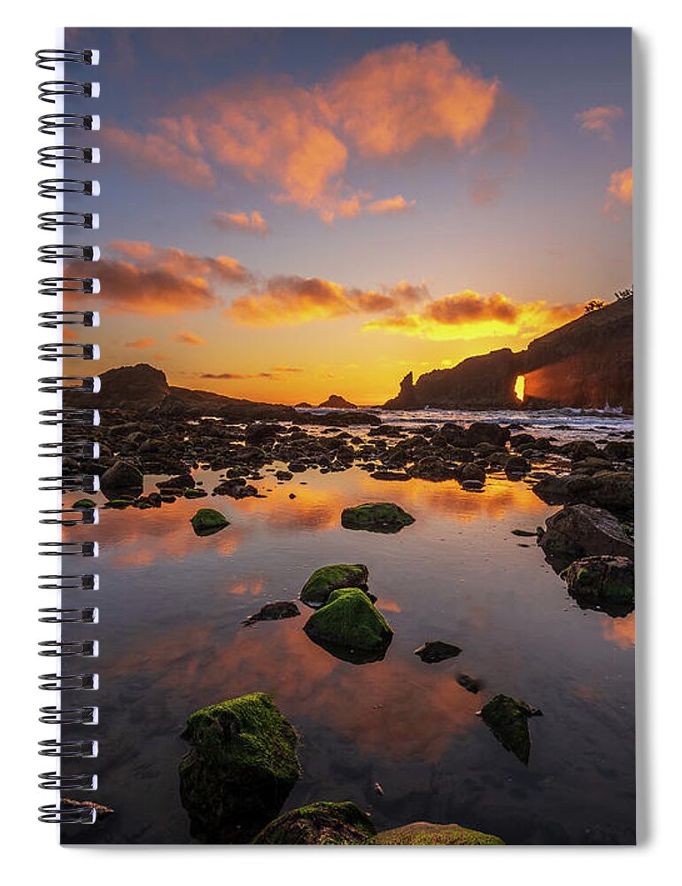 Second Beach Spiral Notebook featuring the photograph Second Beach Sunset Sunrays Though the Hole by Mike Reid