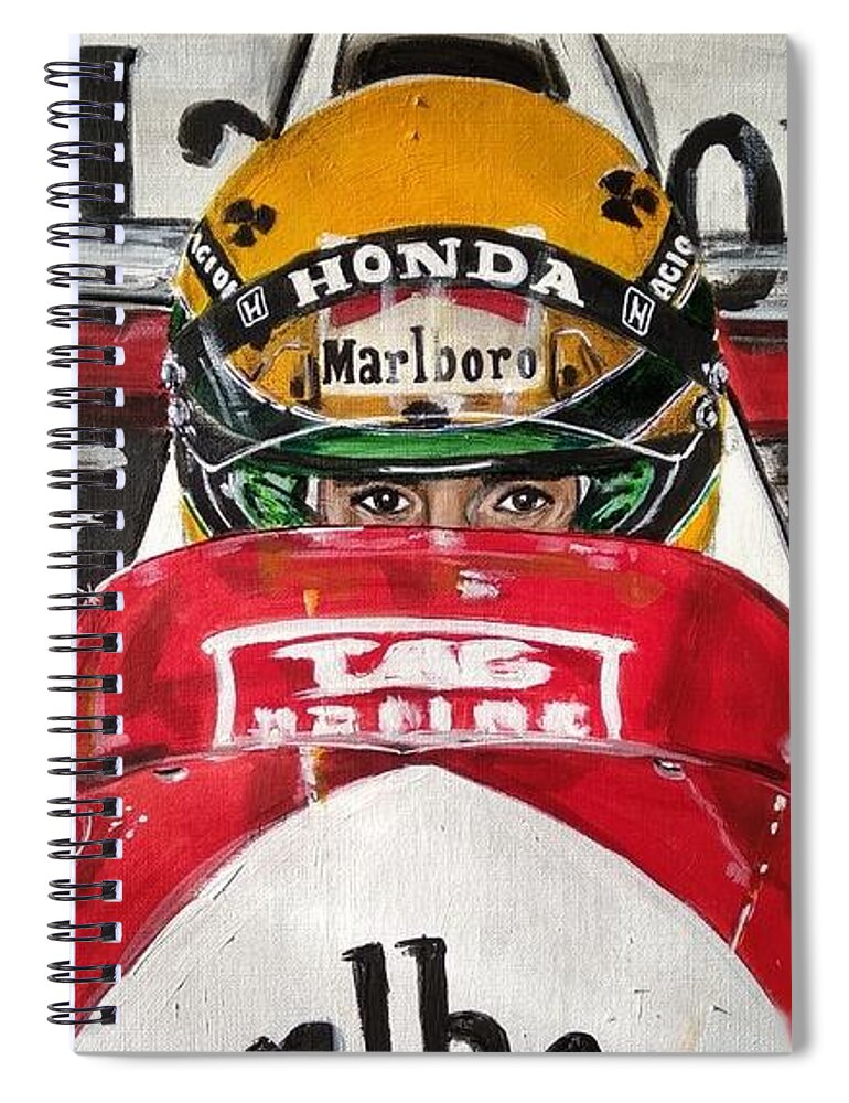 Ayrtonsenna Spiral Notebook featuring the painting Senna ready by Juan Mendez