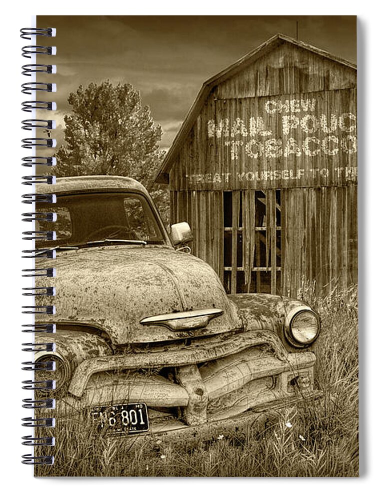 Chevy Spiral Notebook featuring the photograph Sepia Tone of Rusted Chevy Pickup Truck in a Rural Landscape by a Mail Pouch Tobacco Barn by Randall Nyhof