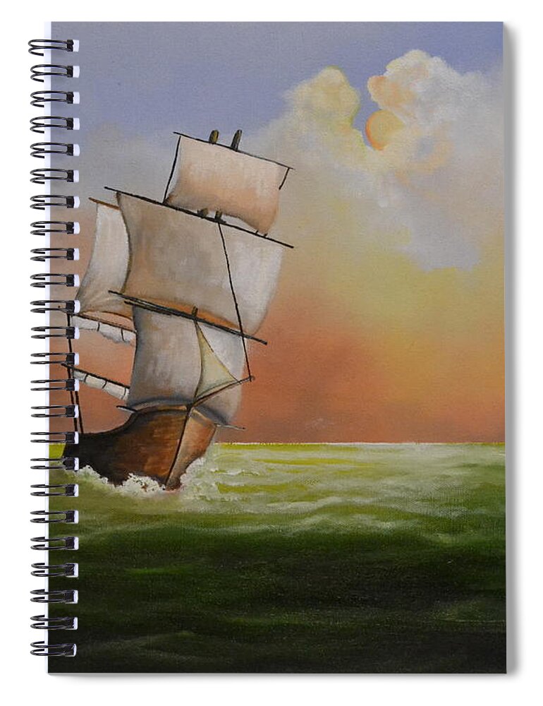 This Is An Oil Painting Of A Sailing Ship On The Ocean. The Ocean Is Calm With Small Waves Breaking On The Ship's Hull. The Sun Is Attempting To Break Out Of The Clouds. The Sun Light Is Being Reflected Off Of The Waves. The Ship Has Most Of It's Sails Opened Up For The Wind.i Created Some Low Hanging Clouds On The Horizon. The Ship Is Made Of Wood And I Detailed The Hull To Expose The Wooden Planks. This Sailing Ship Is From The 1800's. The Painting Is A Great Gift. Spiral Notebook featuring the painting Setting Sail by Martin Schmidt