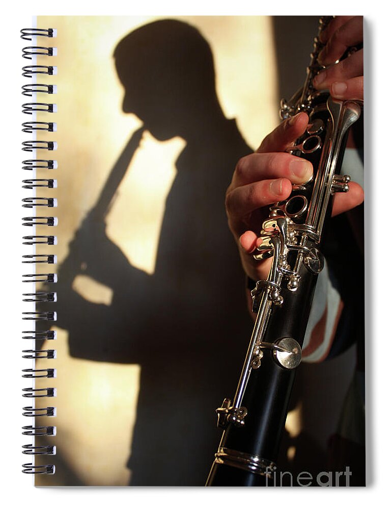 Shadow Spiral Notebook featuring the photograph Shadow of a clarinetist by Gregory DUBUS