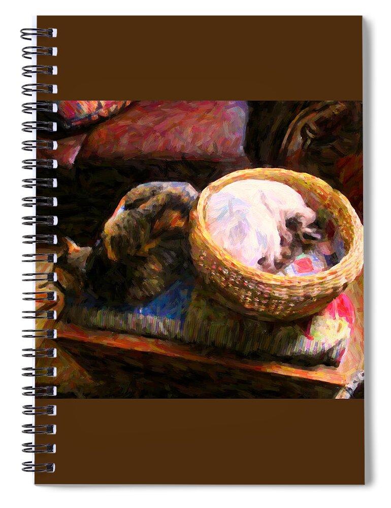 Calico Cat Spiral Notebook featuring the digital art Sharing the Nap by David Zimmerman