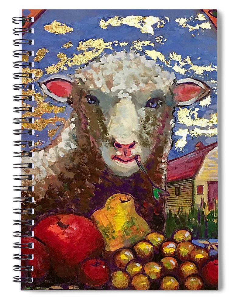 Sheep. Farm Spiral Notebook featuring the painting Sheep and Farm by Marilene Sawaf