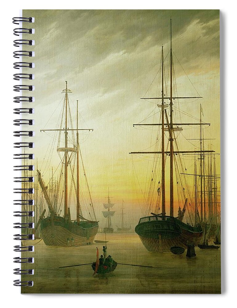 Caspar David Friedrich Spiral Notebook featuring the painting Ships in the harbour. Oil on canvas. by Caspar David Friedrich -1774-1840-