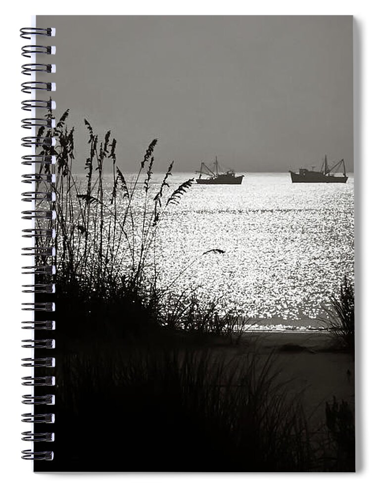 Tranquility Spiral Notebook featuring the photograph Silhouettes Of Sea Oats And Shrimp Boats by Joseph Shields