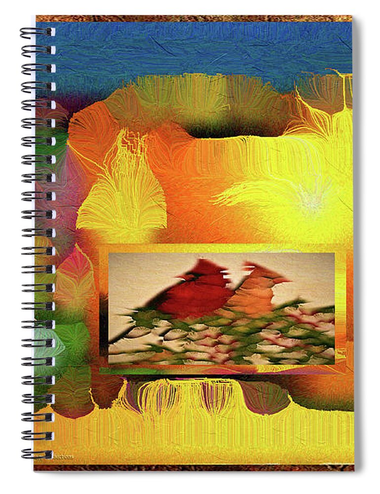 Silk-featherbrush Spiral Notebook featuring the digital art Silk-Featherbrush Number 2 - Two Redbirds of a Feather Cozy Together by Aberjhani