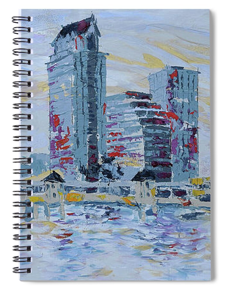 Tampa Skyline Spiral Notebook featuring the painting Silvery Tampa Skyline by Jyotika Shroff