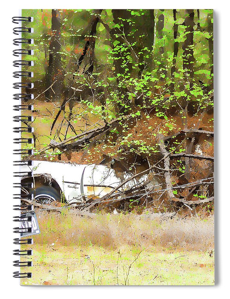 An Old Abandoned Car In Countryside Spiral Notebook featuring the painting Sinking abandoned car 2 by Jeelan Clark