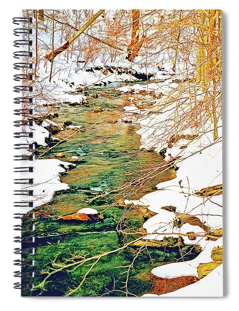Woods Spiral Notebook featuring the photograph Snow Covered Stream Banks Digital Art by A Macarthur Gurmankin