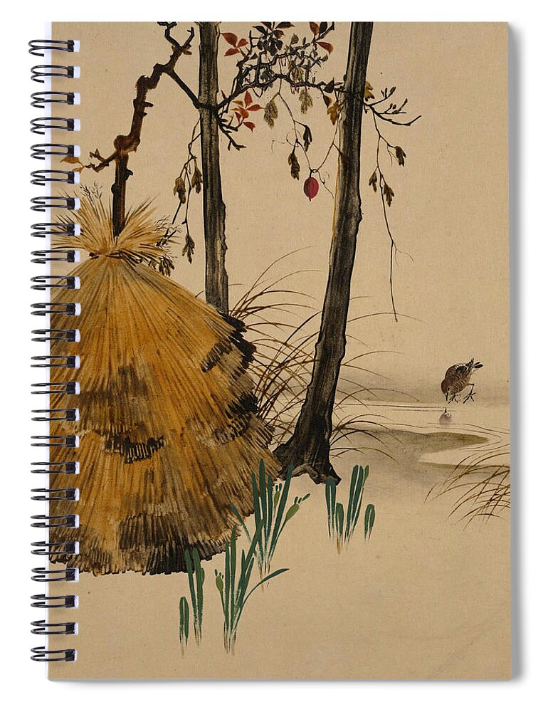 19th Century Art Spiral Notebook featuring the painting Snow Shelter for a Tree with Sparrow by Shibata Zeshin