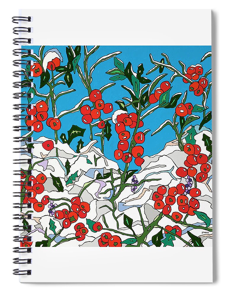 Snowberries Christmas Holiday Winter Winter Berries Holly Bush Snow December Spiral Notebook featuring the painting Snowberries 4 by Mike Stanko