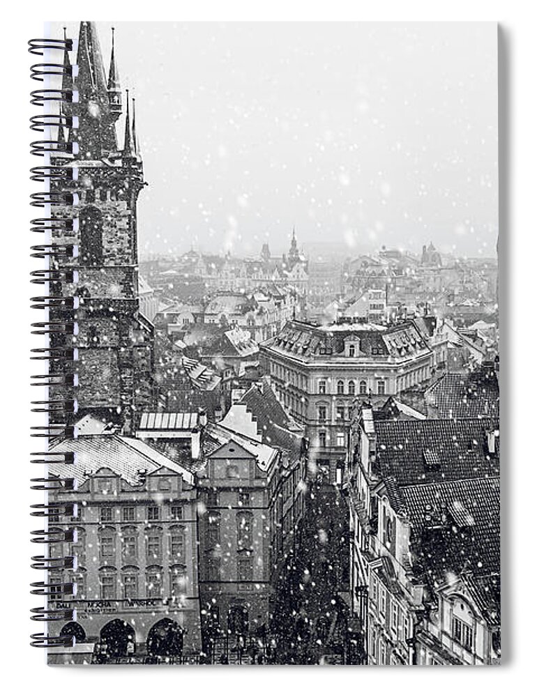 Jenny Rainbow Fine Art Photography Spiral Notebook featuring the photograph Snowy Christmas Prague. Church of the Virgin Mary before Tyn 1 by Jenny Rainbow